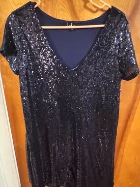 Lulus Viola Navy Blue Sequin V-Neck Shift Dress Small